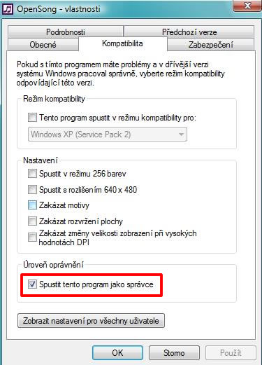 Dialog pro nastavení kompatability OpenSong.exe